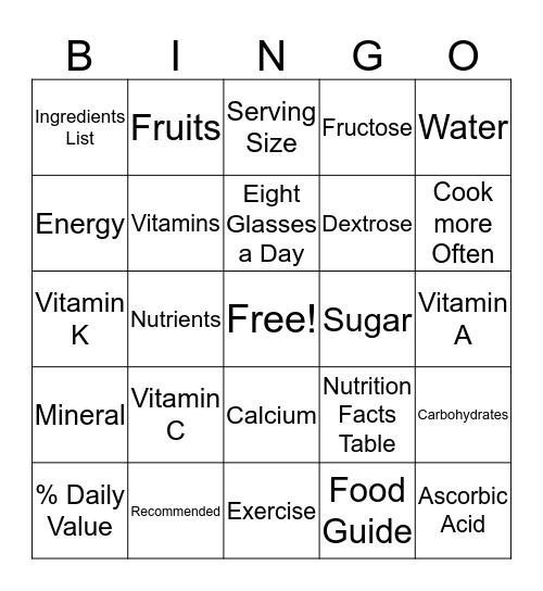 Nutrition Bingo!!! Bingo Card