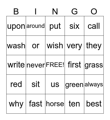 Sight Words 2 Bingo Card