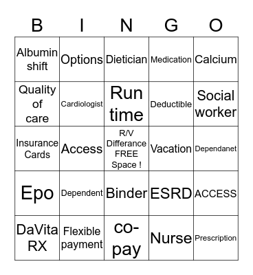 DIalysis  Bingo Card
