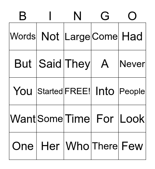 Sight Word BINGO Card