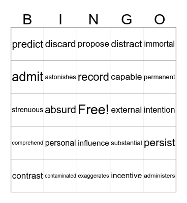 Academic Vocabulary Bingo Card