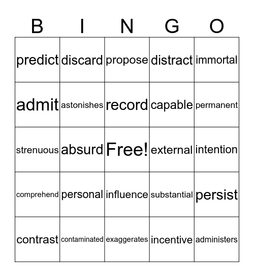 Academic Vocabulary Bingo Card