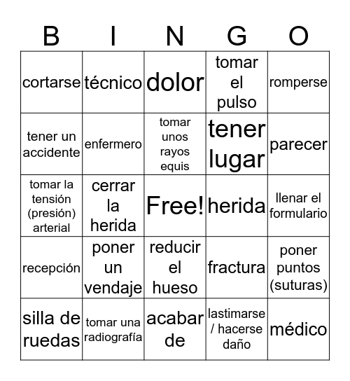 Spanish 3 Chapter 8 Group 2 Vocabulary Bingo Card
