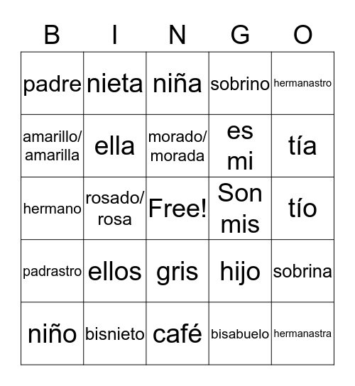 Family Words Bingo Card