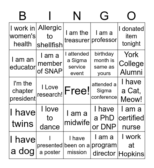 Sigma Theta Tau Bingo Card