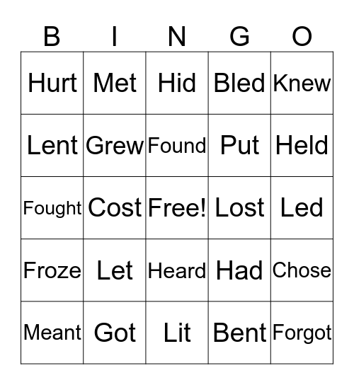 Past Tense Verbs Bingo Card