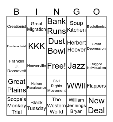 1920's and 1930's Review Bingo Card