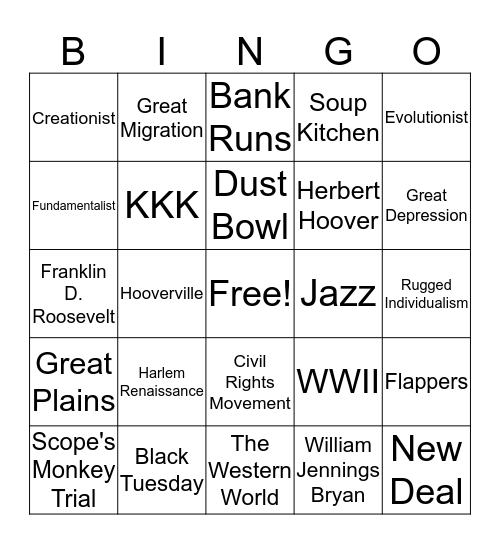 1920's and 1930's Review Bingo Card