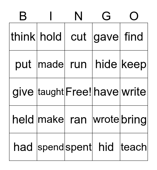 Present tense/Past Tense Bingo Card