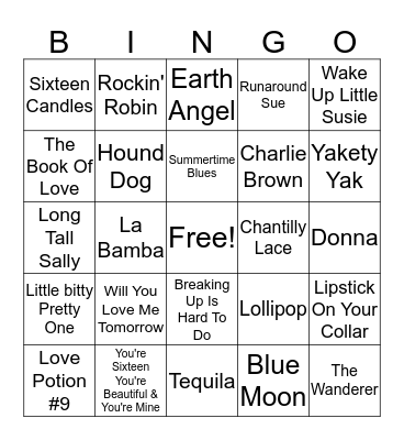 50's/60's Hits Bingo Card