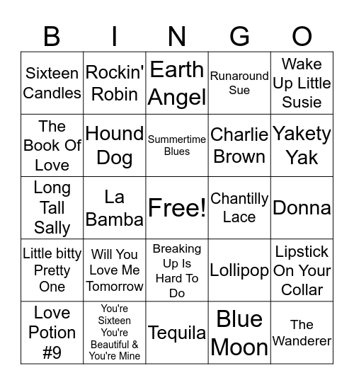 50's/60's Hits Bingo Card