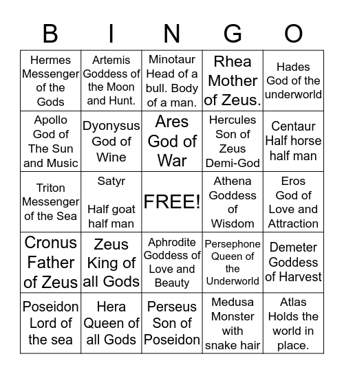 Greek Gods  Bingo Card