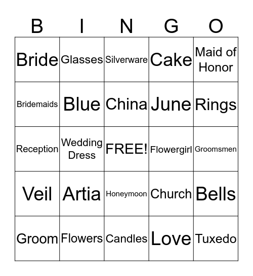 Tia's Bridal Shower Bingo Card