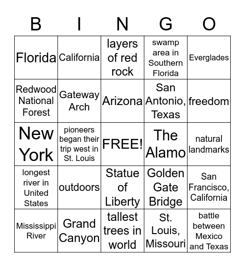 Special Places in Our Country Bingo Card