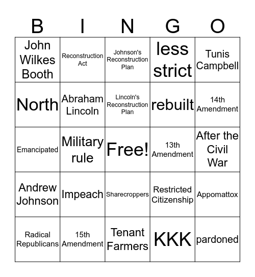 Reconstruction Era Bingo Card