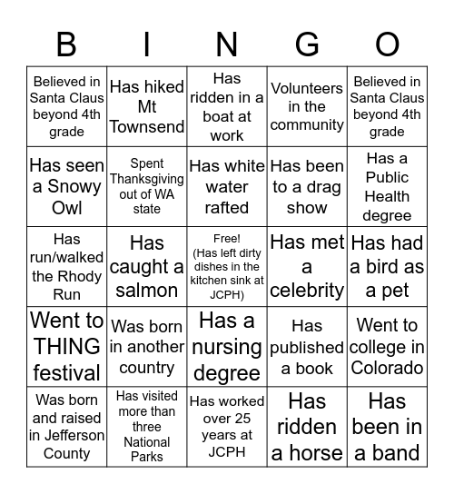 JCPH Holiday BINGO 2019! Bingo Card