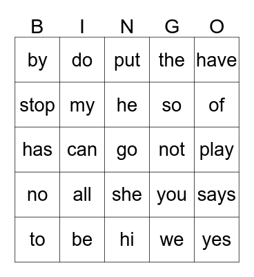Sight Words 1 Bingo Card