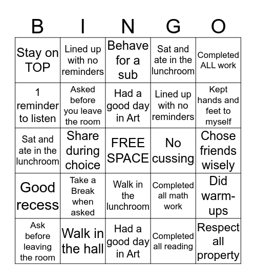 BEHAVIOR BINGO Card