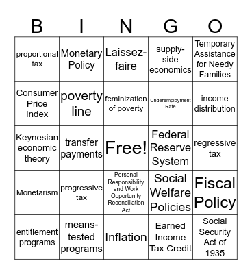 Social and Economic Policy Bingo Card