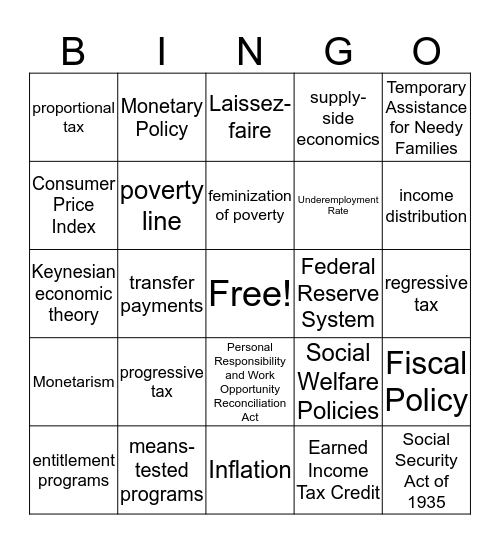 Social and Economic Policy Bingo Card