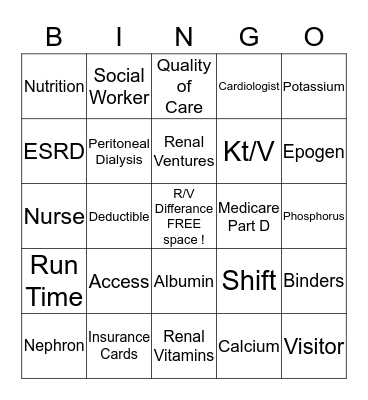 Dialysis Bingo Card