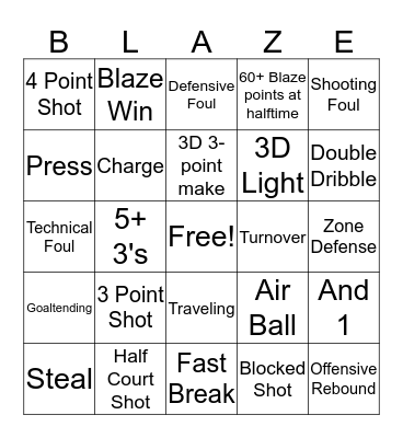 Blaze Basketball Bingo Card