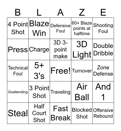 Blaze Basketball Bingo Card