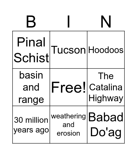 Santa Catalina Mountains Bingo Card