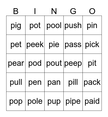 p-word BINGO Card