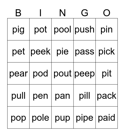 p-word BINGO Card