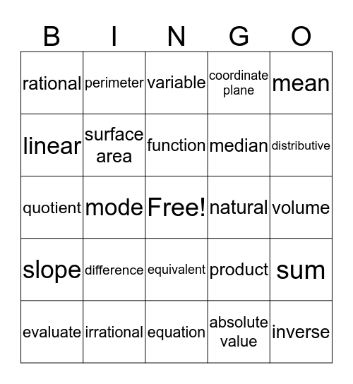 Math Vocabulary Bingo Card