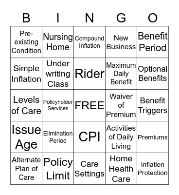 LTCI Overview Bingo Card