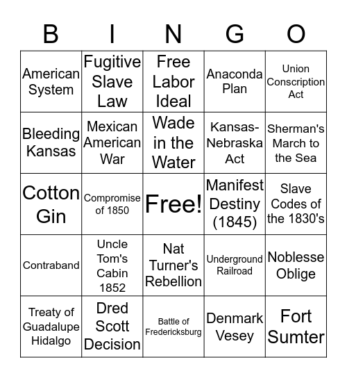 Events of the Civil War Bingo Card