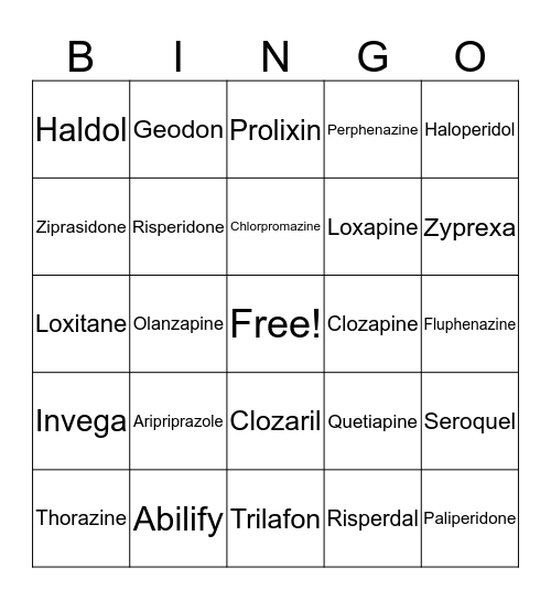 Antipsychotic Bingo Card