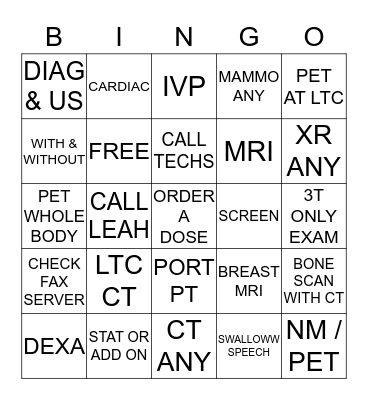 RADIOLOGY BINGO  Bingo Card