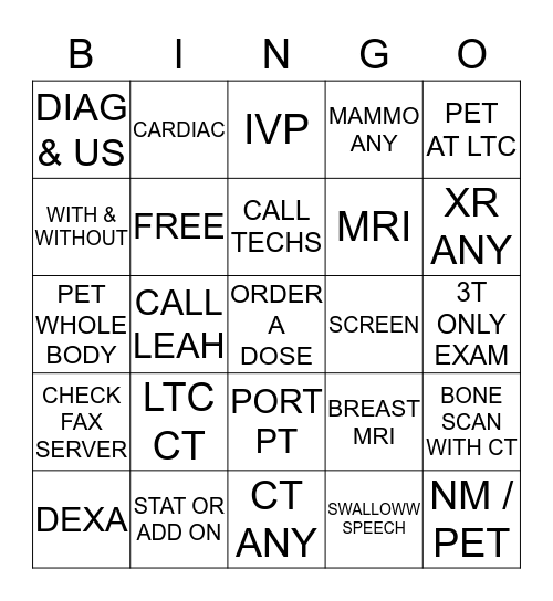 RADIOLOGY BINGO  Bingo Card