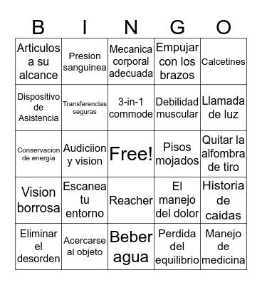 Fall Prevention Bingo Card