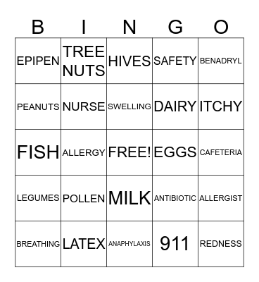 ALLERGY BINGO Card