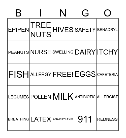 ALLERGY BINGO Card