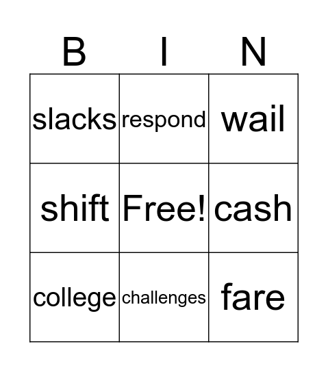 Vocabulary Words Bingo Card