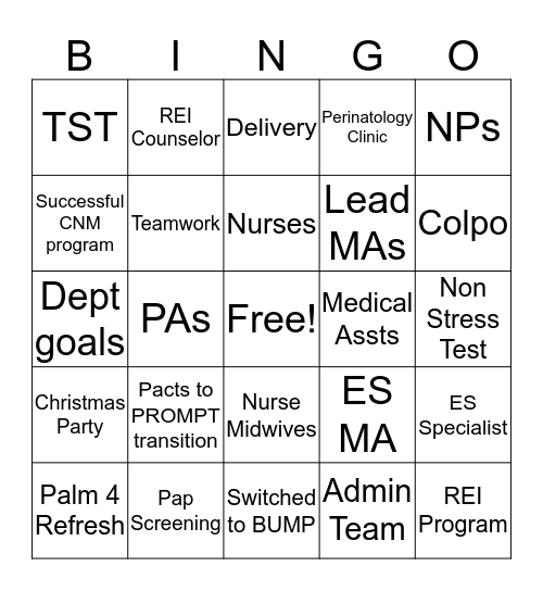 2019 OBGYN DEPARTMENT Bingo Card