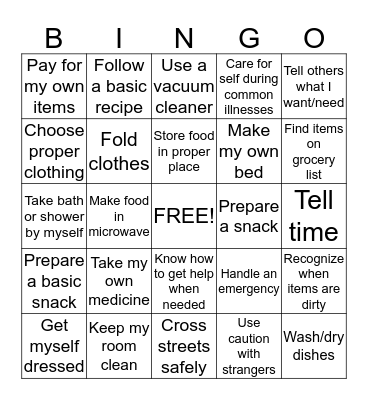 Independent Living Bingo Card