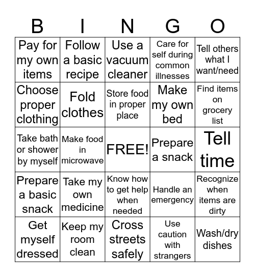 Independent Living Bingo Card