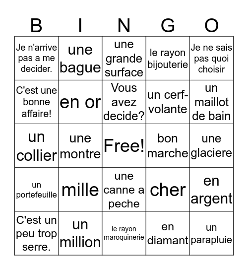 Vocabulaire (7-2) Bingo Card