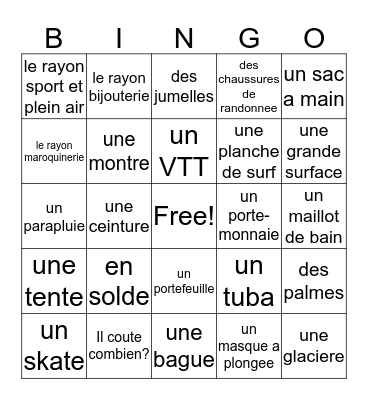 Vocabulaire *** 7-2 Bingo Card