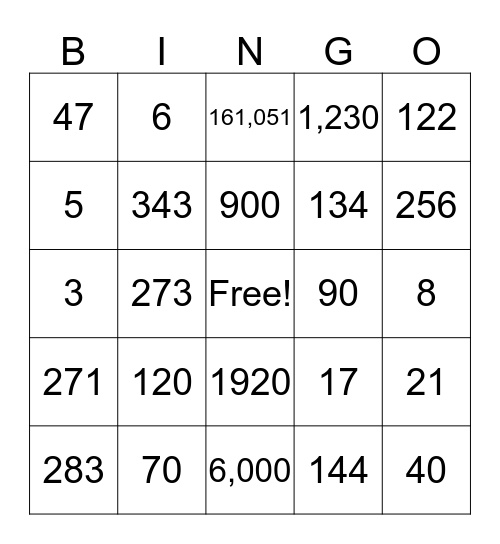 Math Bingo! Bingo Card