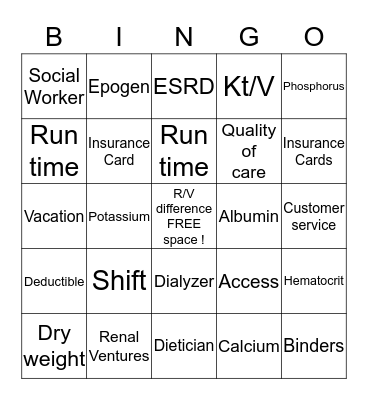 Dialysis Bingo Card