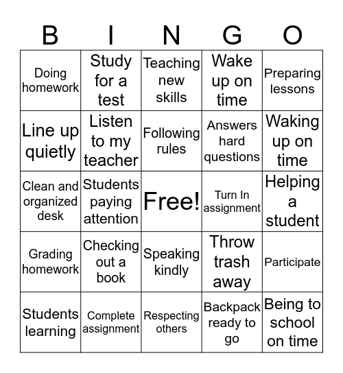 Responsibilty Bingo Card