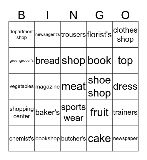 Shops Bingo Card