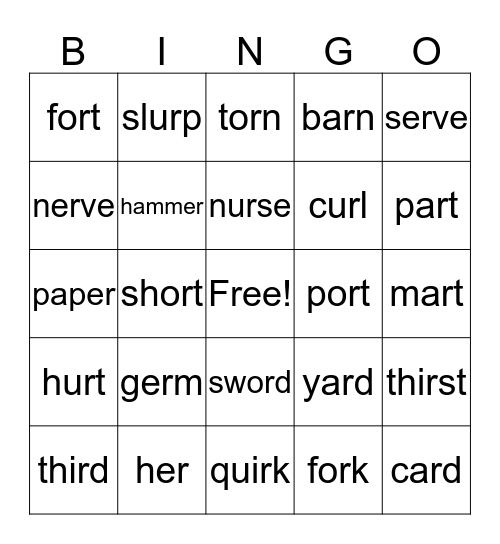 R Controlled Vowels Bingo Card